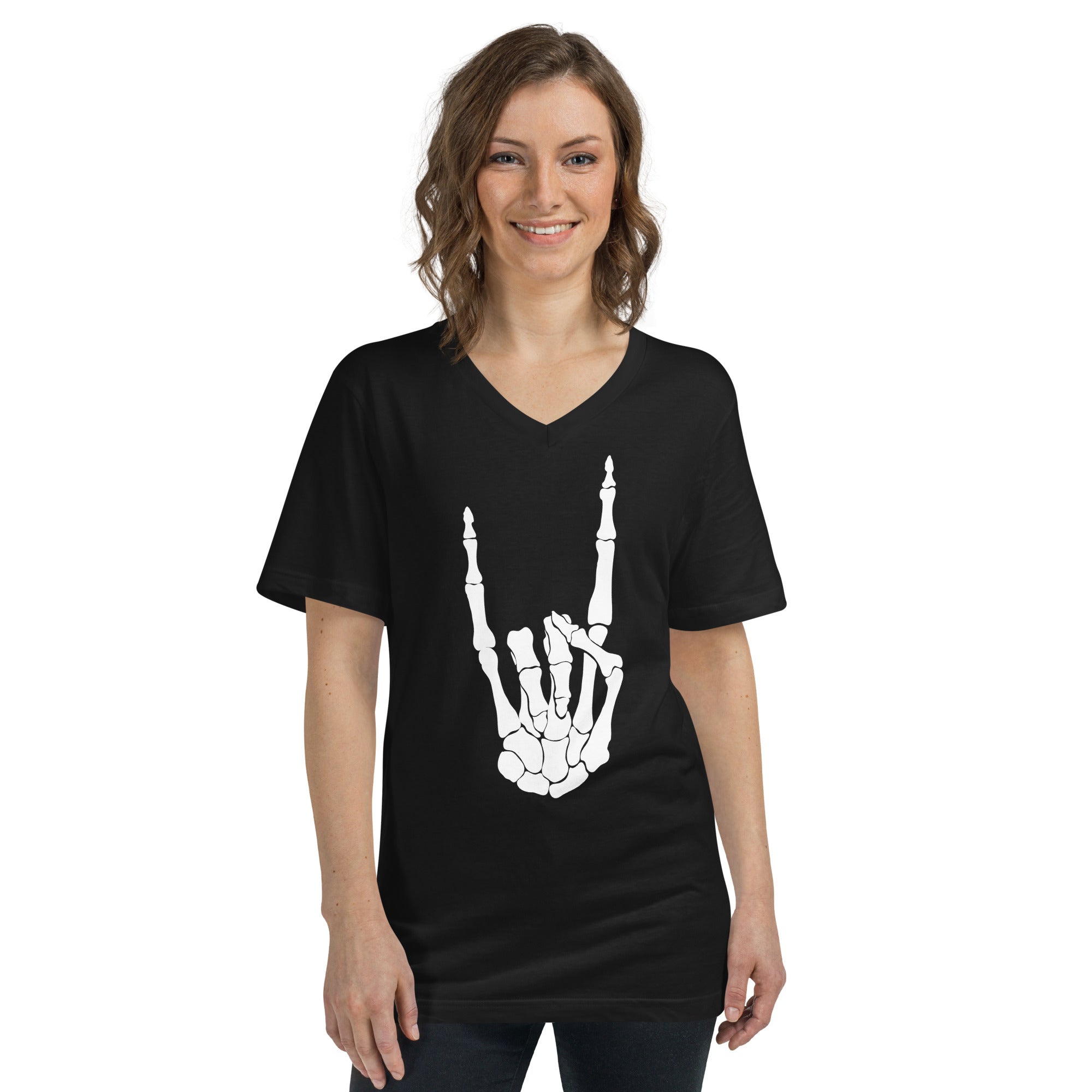 Devil Bone Hand Heavy Metal Horns Up Sign Women’s Short Sleeve V-Neck T-Shirt White Print - Edge of Life Designs