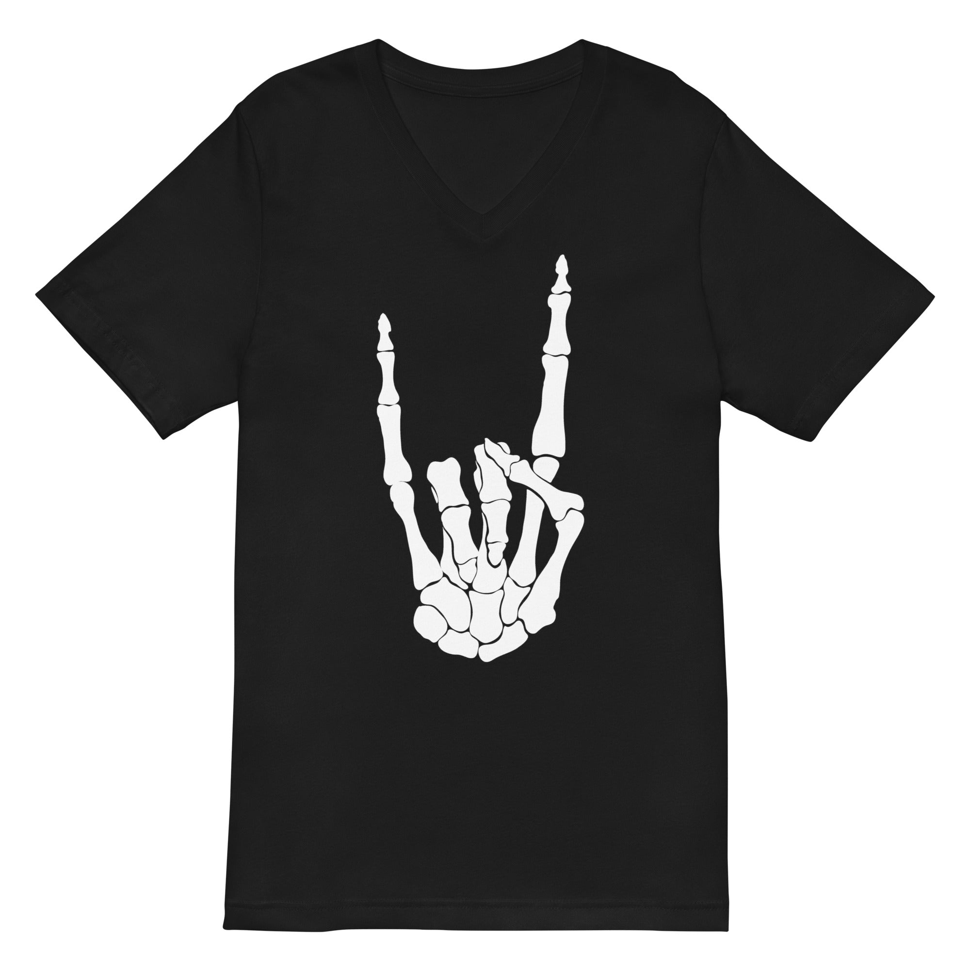 Devil Bone Hand Heavy Metal Horns Up Sign Women’s Short Sleeve V-Neck T-Shirt White Print - Edge of Life Designs