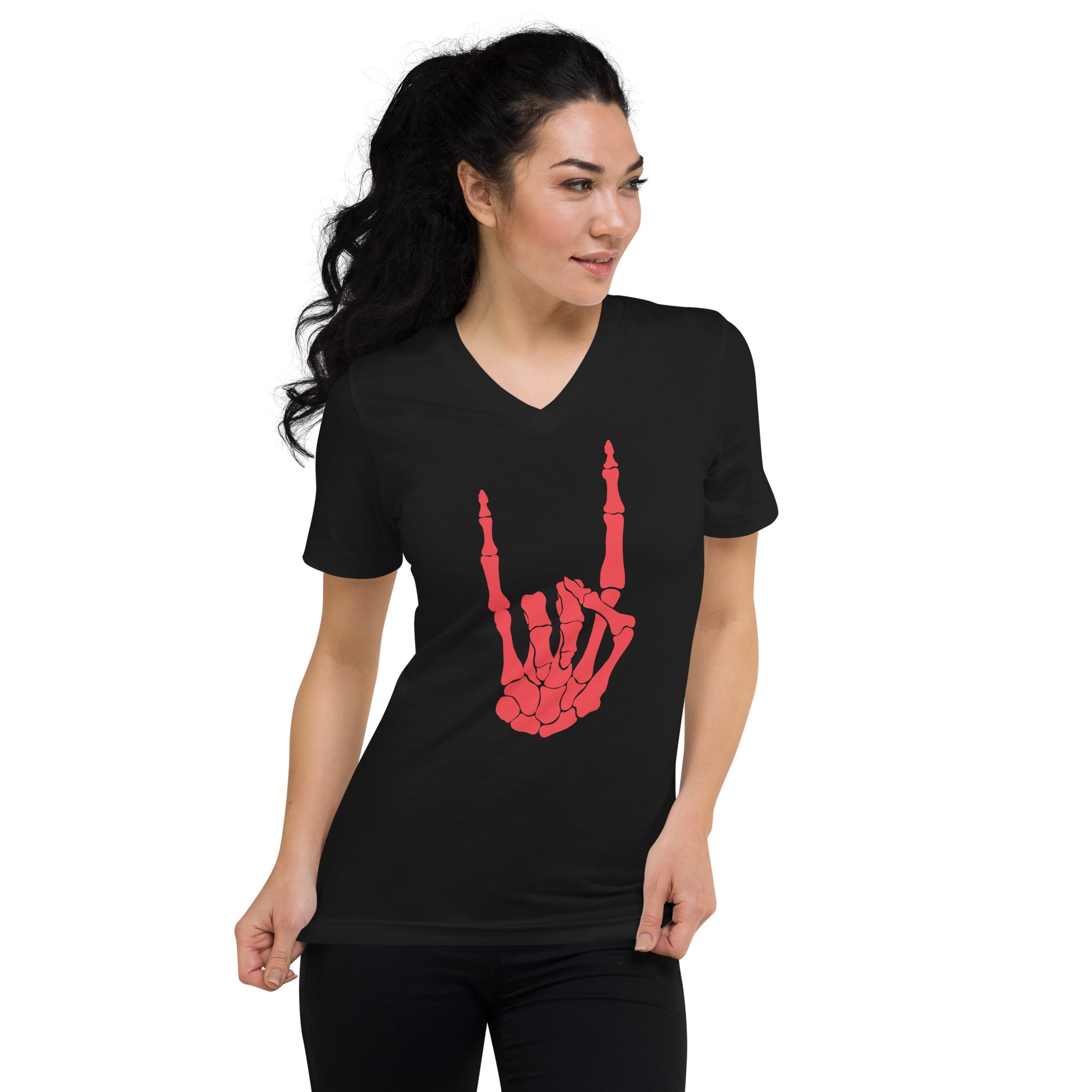 Devil Bone Hand Heavy Metal Horns Up Sign Women’s Short Sleeve V-Neck T-Shirt Red Print - Edge of Life Designs