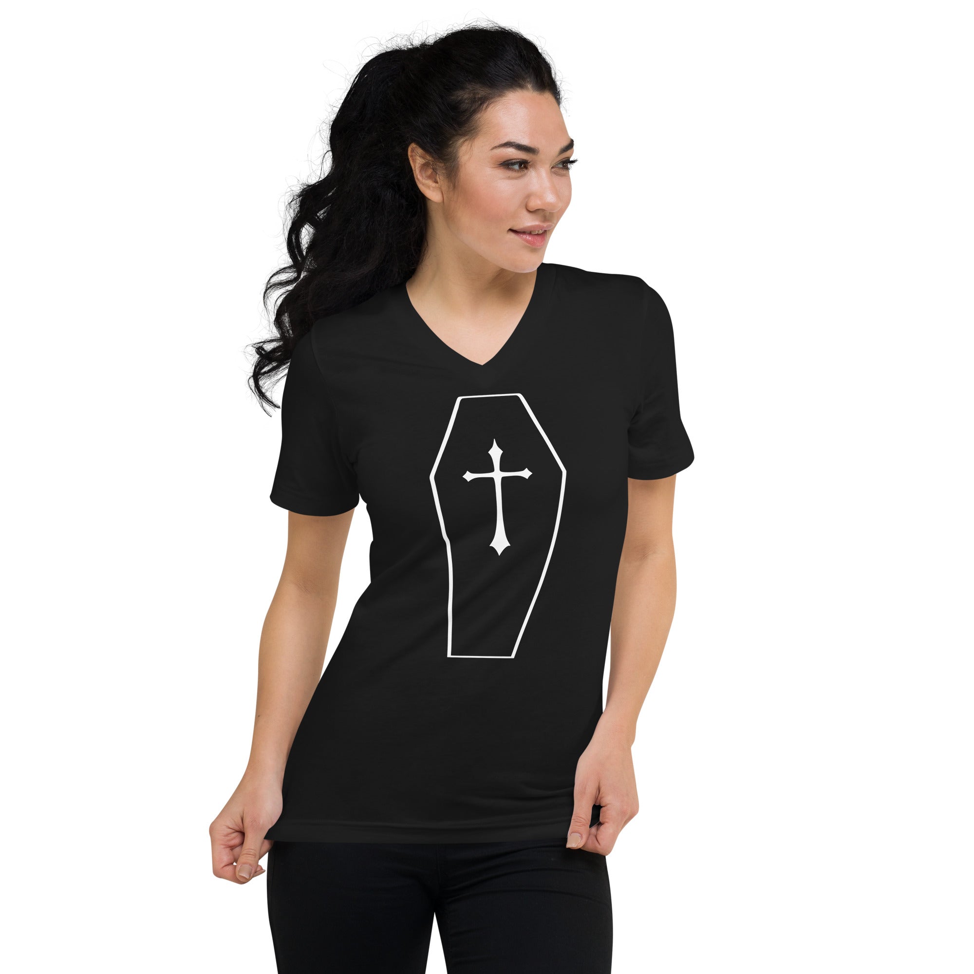 Vintage Toe Pincher Coffin w/ Gothic Cross Women’s Short Sleeve V-Neck T-Shirt