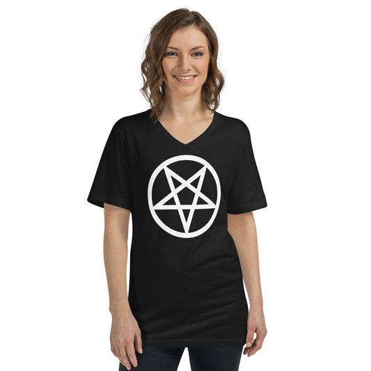 White Inverted Pentagram design on unisex V-neck shirt, front view