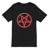 Red Inverted Pentagram design on unisex V-neck shirt, front view