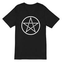 White Wiccan Pentagram design on unisex V-neck shirt, front view