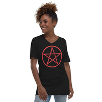 Red Wiccan Pentagram design on unisex V-neck shirt, front view