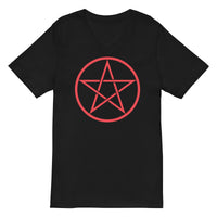 Red Wiccan Pentagram design on unisex V-neck shirt, front view