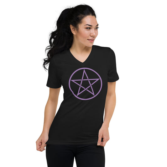 Purple Wiccan Pentagram design on unisex V-neck shirt, front view