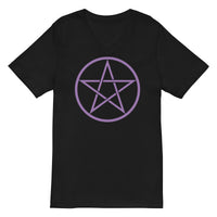 Purple Wiccan Pentagram design on unisex V-neck shirt, front view