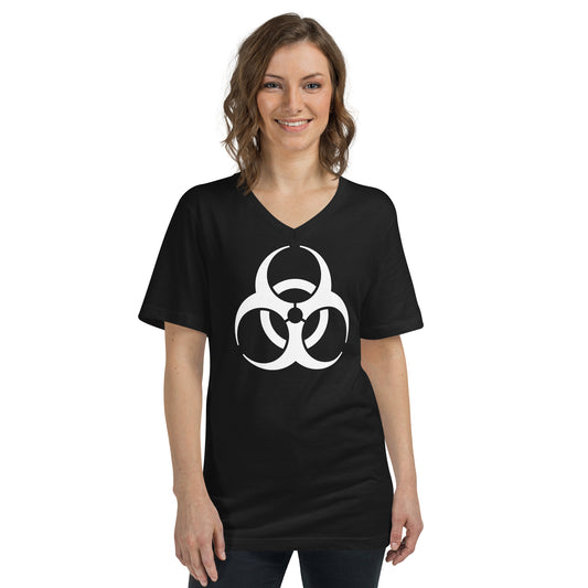 White Biohazard Symbol design on unisex V-neck shirt, front view