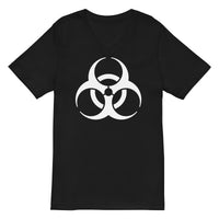 White Biohazard Symbol design on unisex V-neck shirt, front view