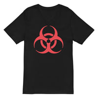 Red Biohazard Symbol design on unisex V-neck shirt, front view