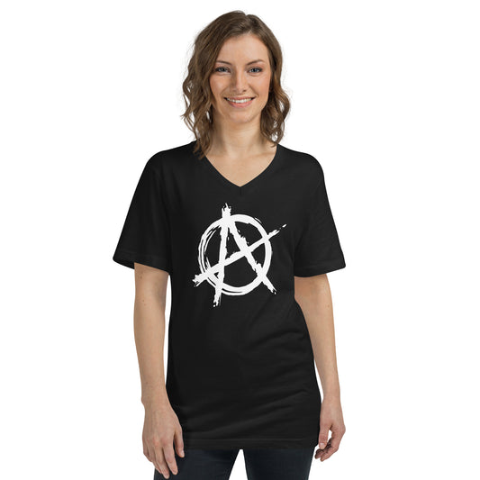 White Anarchy Symbol design on unisex V-neck shirt, front view