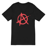 Red Anarchy Symbol design on unisex V-neck shirt, front view