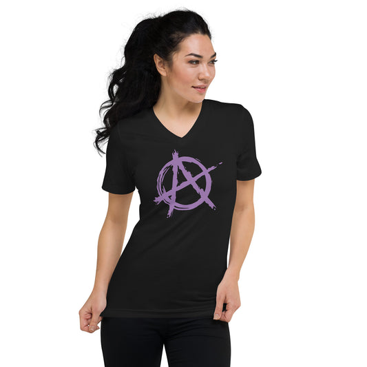Purple Anarchy Symbol design on unisex V-neck shirt, front view