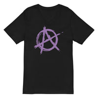 Purple Anarchy Symbol design on unisex V-neck shirt, front view