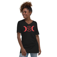Red Triple Moon Goddess design on unisex V-neck shirt, front view