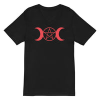 Red Triple Moon Goddess design on unisex V-neck shirt, front view