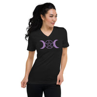 Purple Triple Moon Goddess design on unisex V-neck shirt, front view