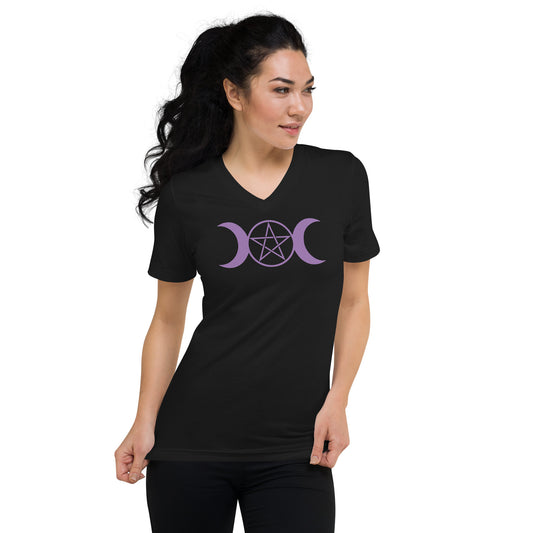 Purple Triple Moon Goddess design on unisex V-neck shirt, front view