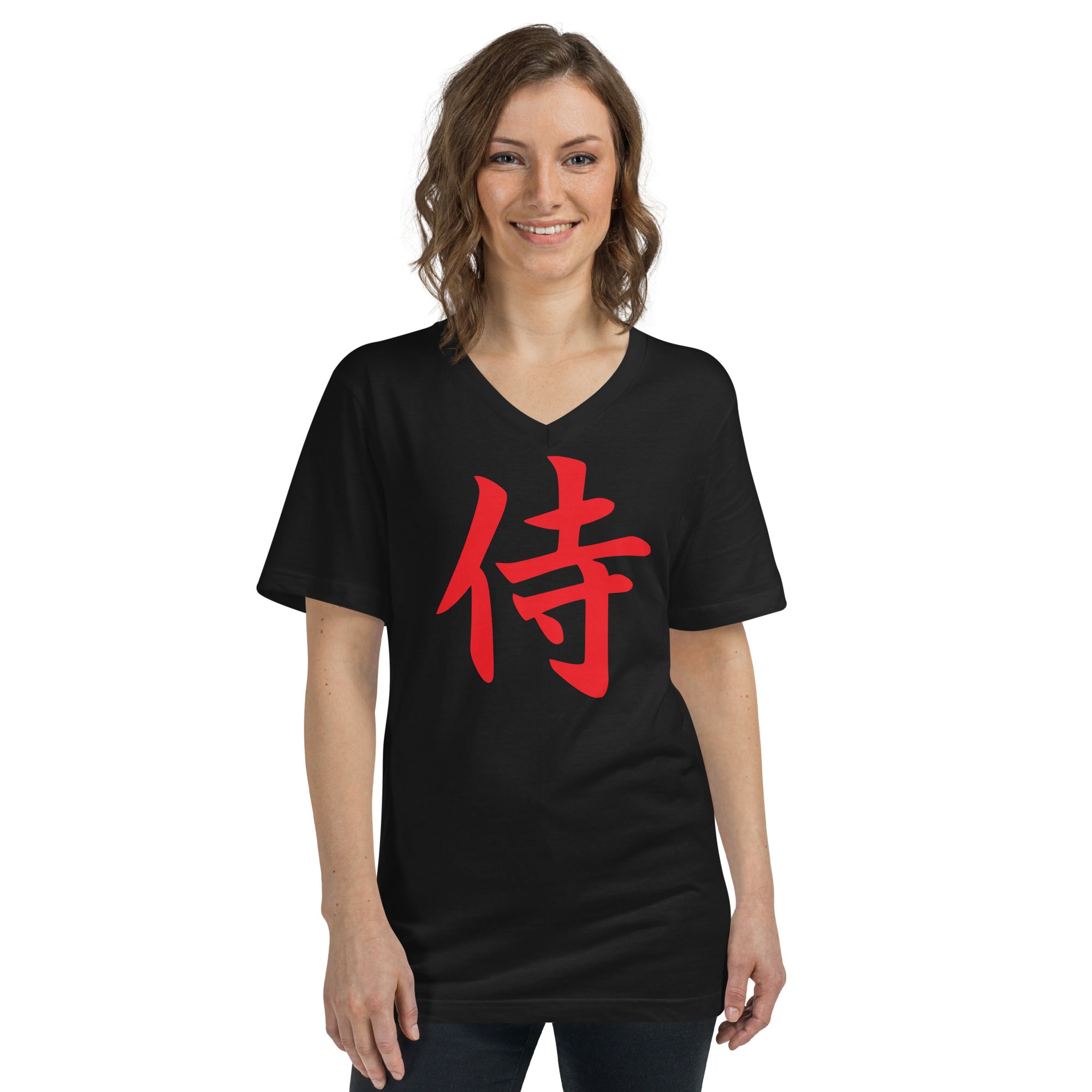 Red Samurai The Japanese Kanji Symbol Women’s Short Sleeve V-Neck T-Shirt
