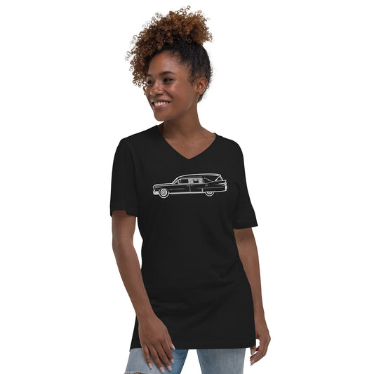Classic Funeral Hearse design on unisex V-neck shirt, front view