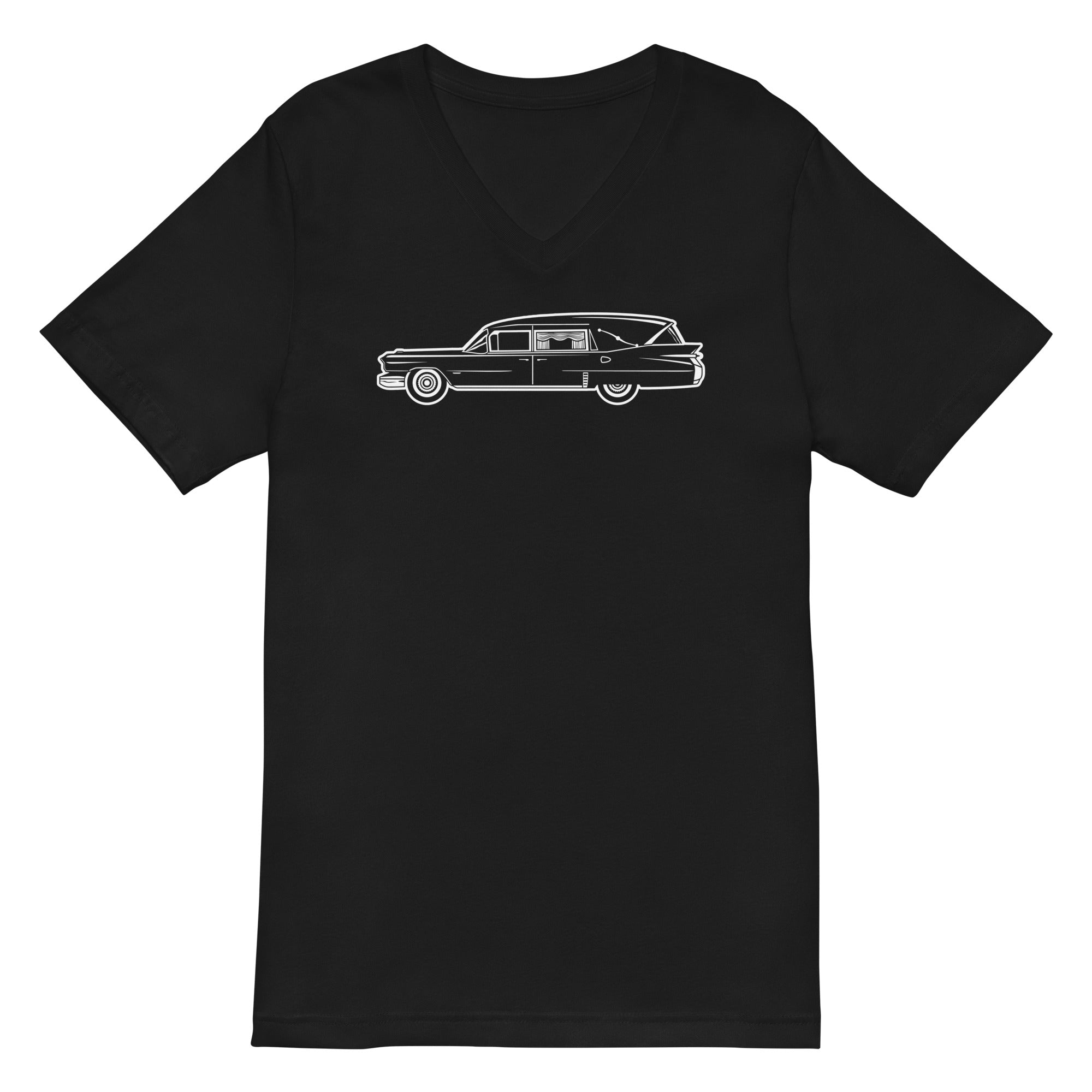 Classic Funeral Hearse Car Gothic Halloween Ride Women’s Short Sleeve V-Neck T-Shirt