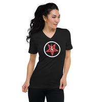 Satanic Church Sigil Bolt design on unisex V-neck shirt, front view