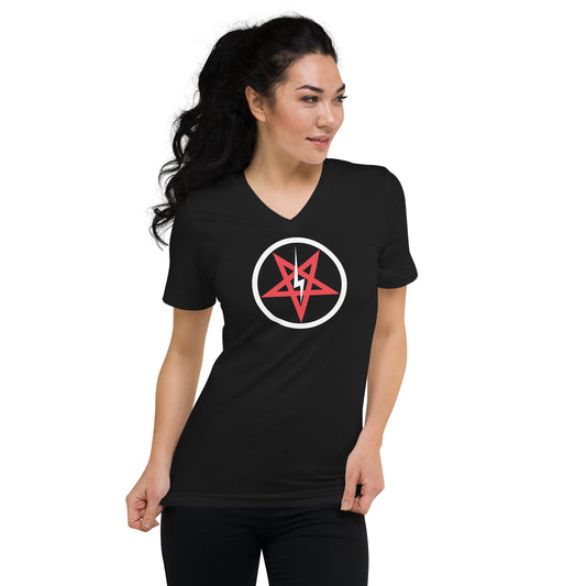 Satanic Church Sigil Bolt design on unisex V-neck shirt, front view