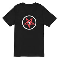 Satanic Church Sigil Bolt design on unisex V-neck shirt, front view