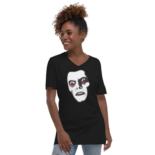 Pazuzu Captain Howdy design on unisex V-neck shirt, front view
