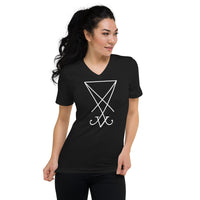 White Sigil of Lucifer design on unisex V-neck shirt, front view