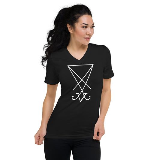 White Sigil of Lucifer design on unisex V-neck shirt, front view