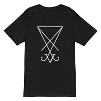 White Sigil of Lucifer design on unisex V-neck shirt, front view