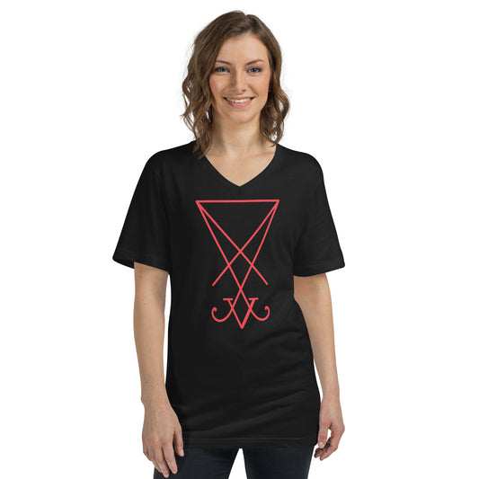 Red Sigil of Lucifer design on unisex V-neck shirt, front view