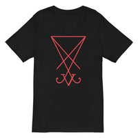Red Sigil of Lucifer design on unisex V-neck shirt, front view