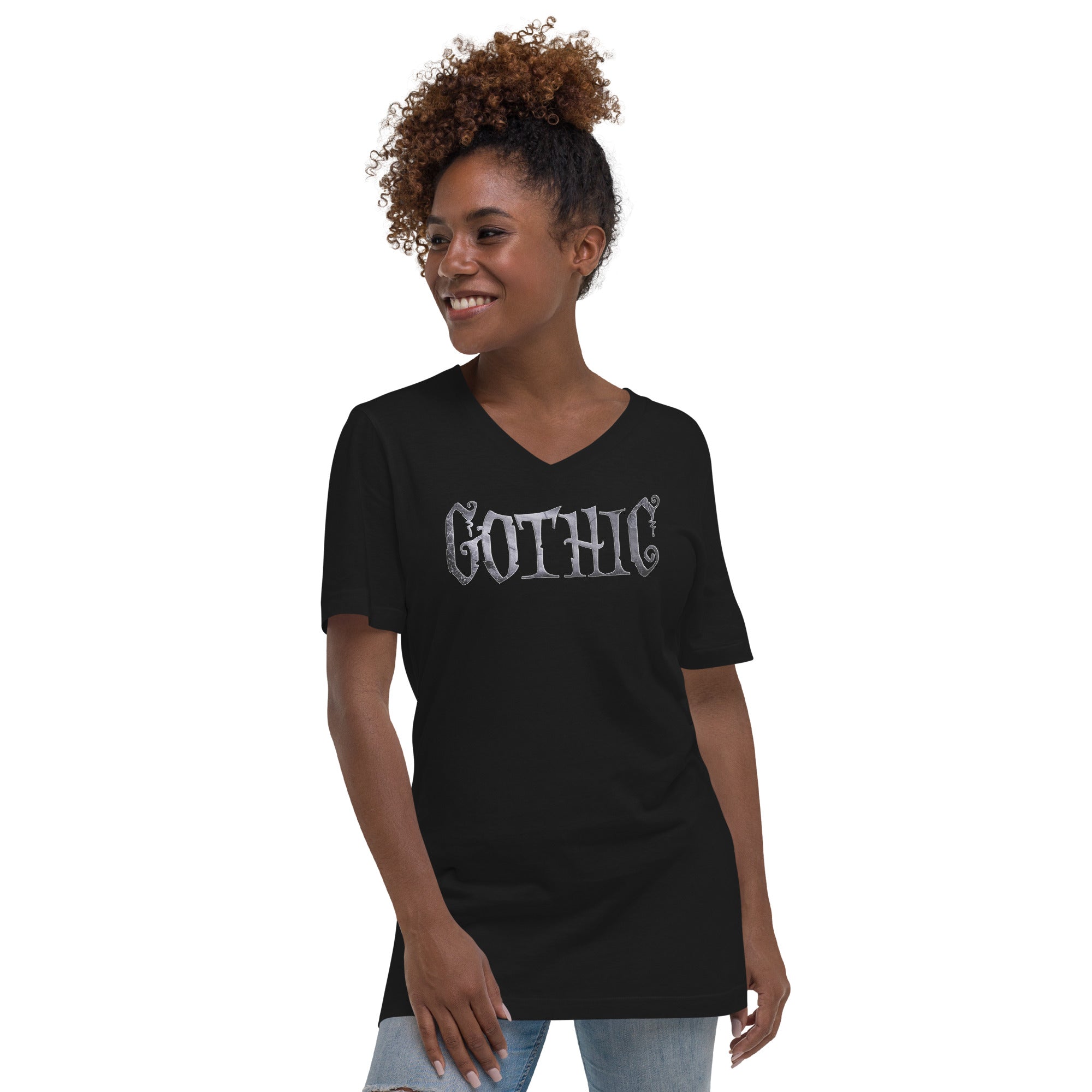 Gothic Spider Web Style Letters Dark Goth Women’s Short Sleeve V-Neck T-Shirt