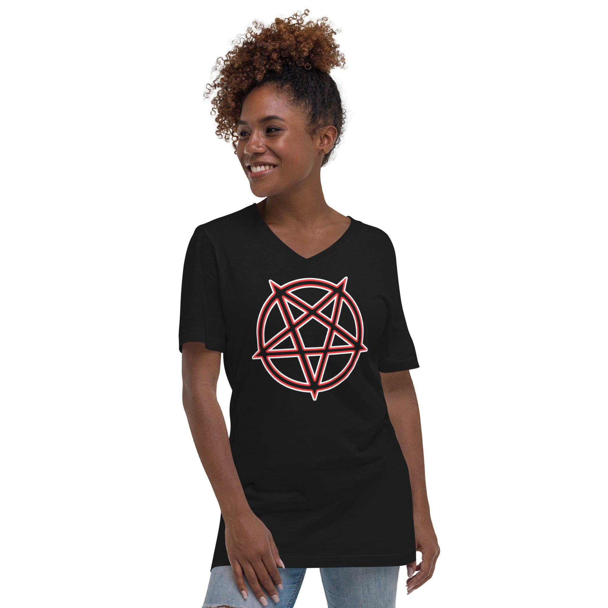 Satanic Occult Symbol The Inverted Pentagram Women’s Short Sleeve V-Neck T-Shirt