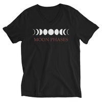Lunar Moon Phases design on unisex V-neck shirt, front view