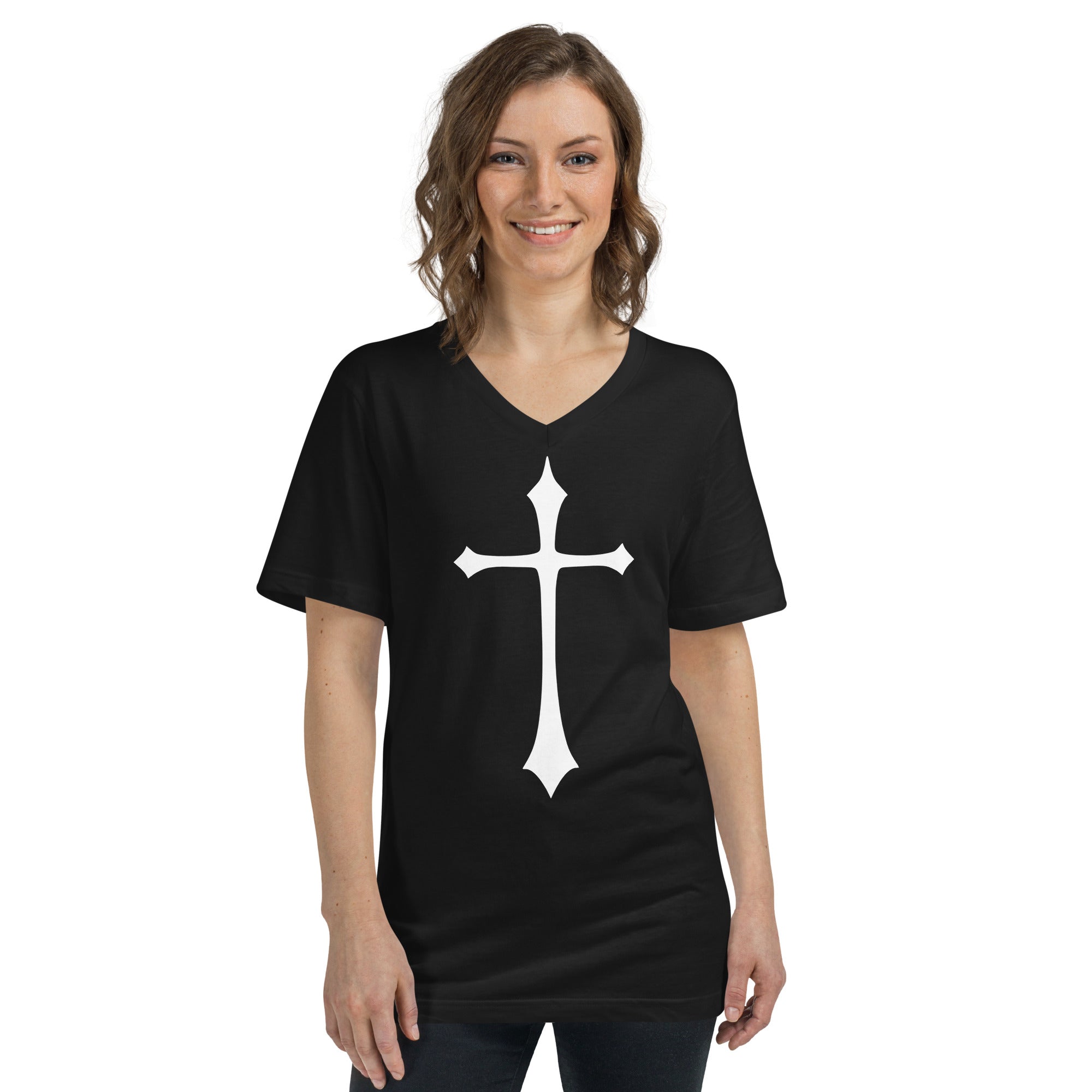 White Gothic Medeival Holy Cross Women’s Short Sleeve V-Neck T-Shirt