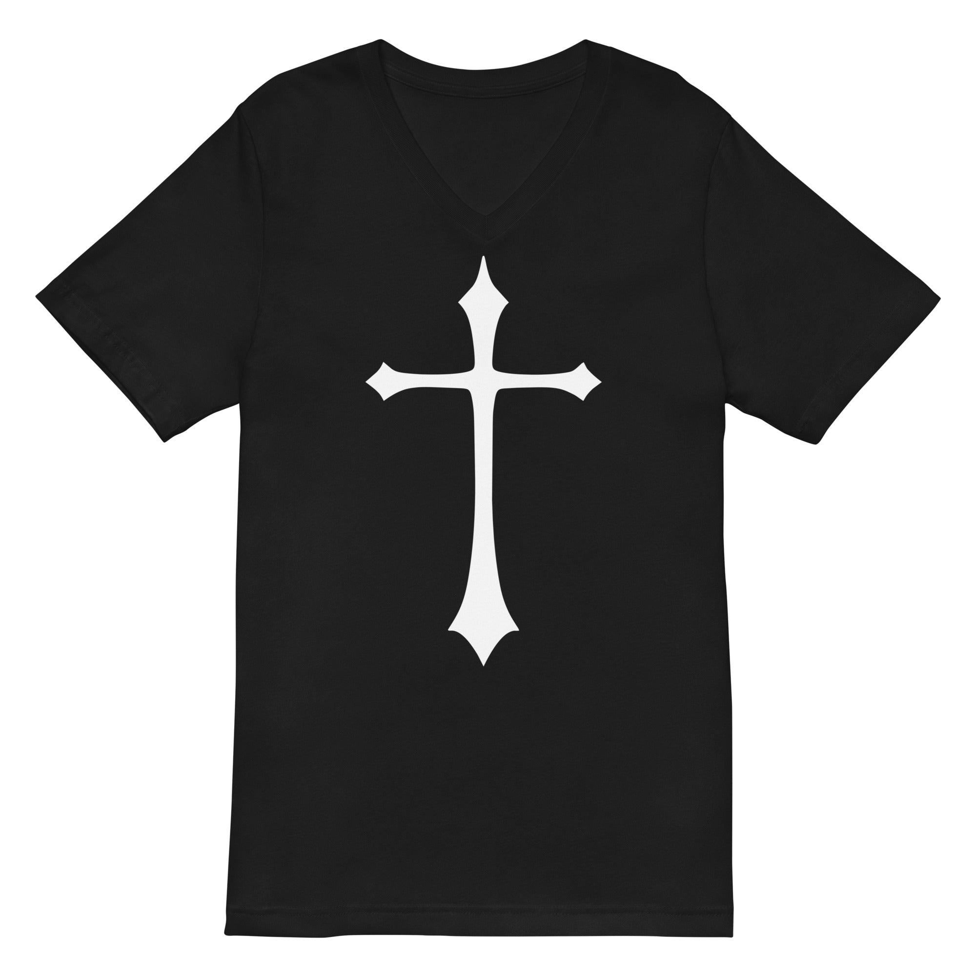 White Gothic Medeival Holy Cross Women’s Short Sleeve V-Neck T-Shirt