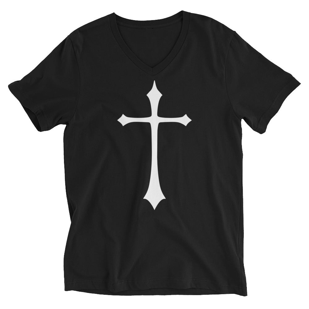 White Gothic Medeival Holy Cross Women’s Short Sleeve V-Neck T-Shirt