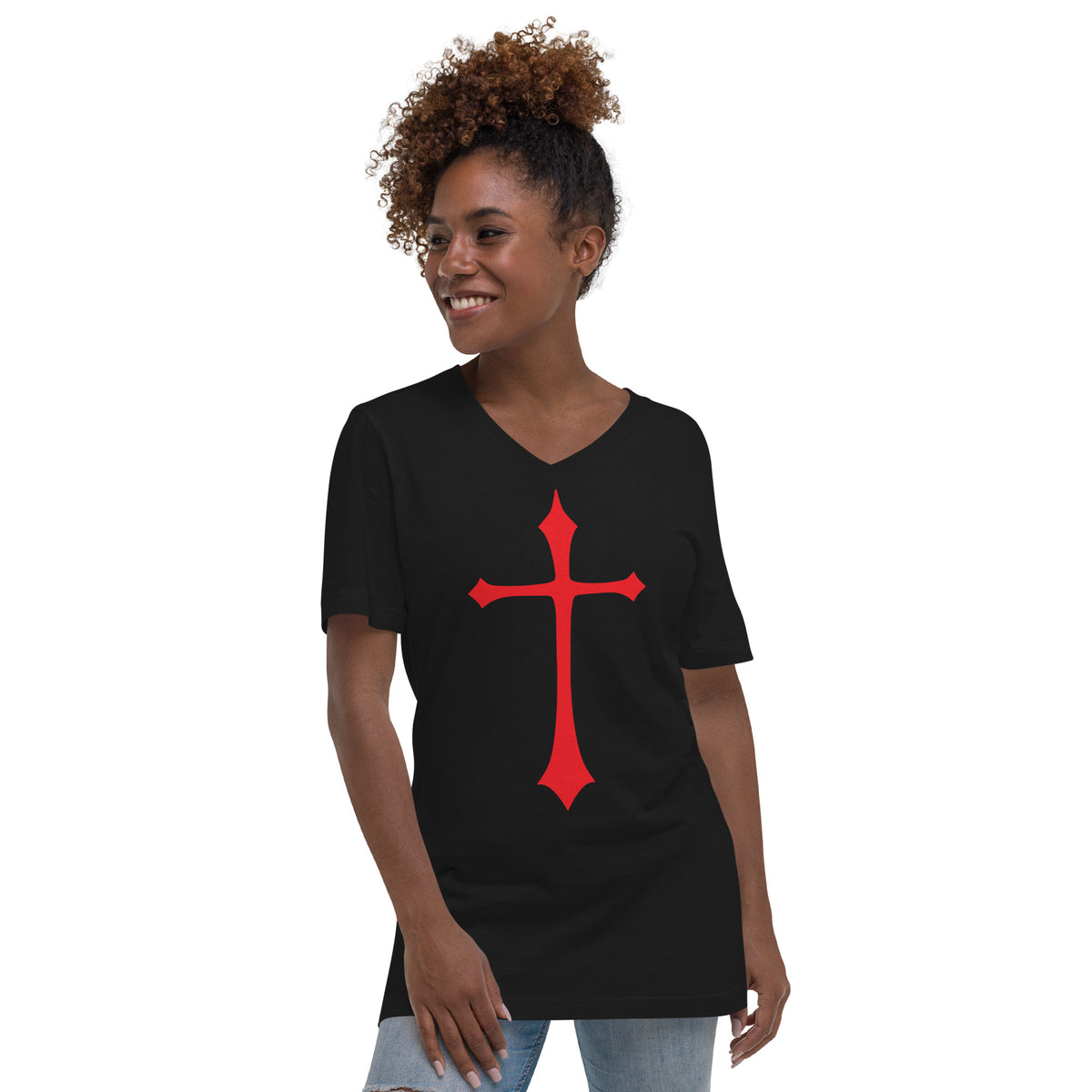 Red Medieval Cross design on unisex V-neck shirt, front view
