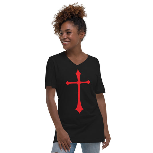 Red Medieval Cross design on unisex V-neck shirt, front view