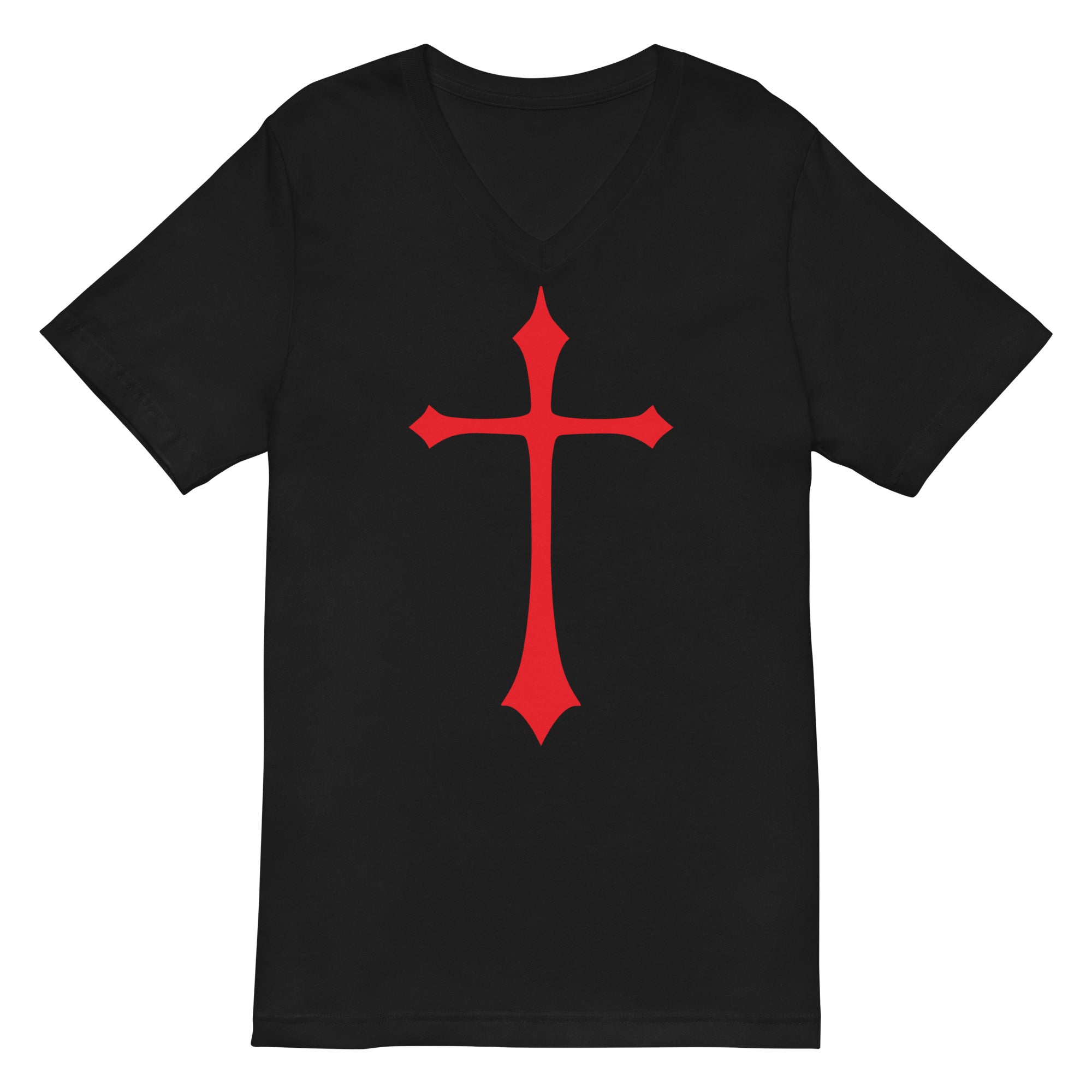 Red Gothic Medeival Holy Cross Women’s Short Sleeve V-Neck T-Shirt