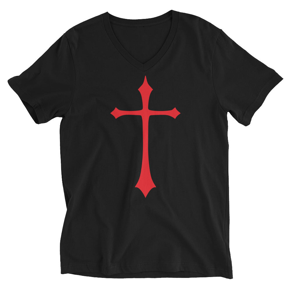 Red Gothic Medeival Holy Cross Women’s Short Sleeve V-Neck T-Shirt