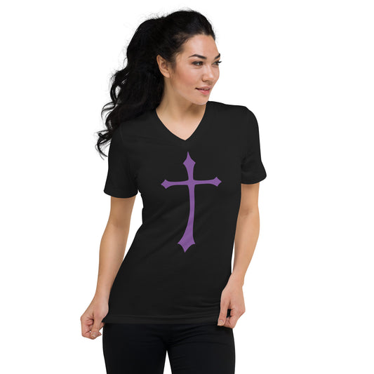 Purple Medieval Cross design on unisex V-neck shirt, front view
