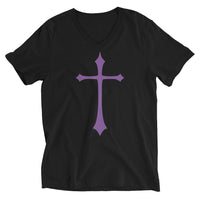 Purple Medieval Cross design on unisex V-neck shirt, front view