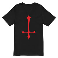 Red Inverted Cross design on unisex V-neck shirt, front view