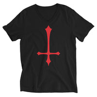 Red Inverted Cross design on unisex V-neck shirt, front view