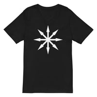 White Chaos Star design on unisex V-neck shirt, front view