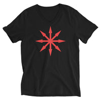 Red Chaos Star design on unisex V-neck shirt, front view